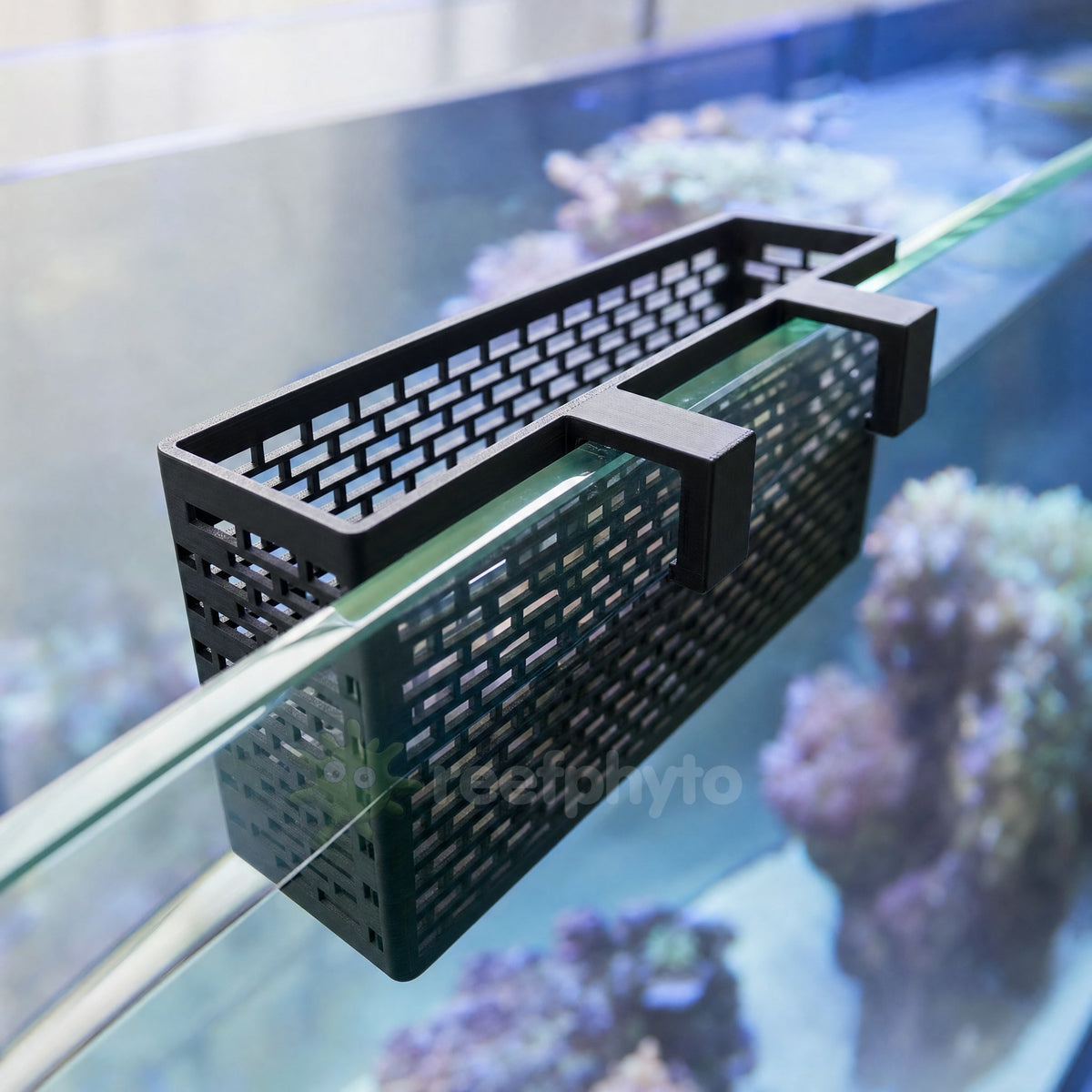Reefphyto Aquarium Plant Holder hooked over the top edge of aquarium glass