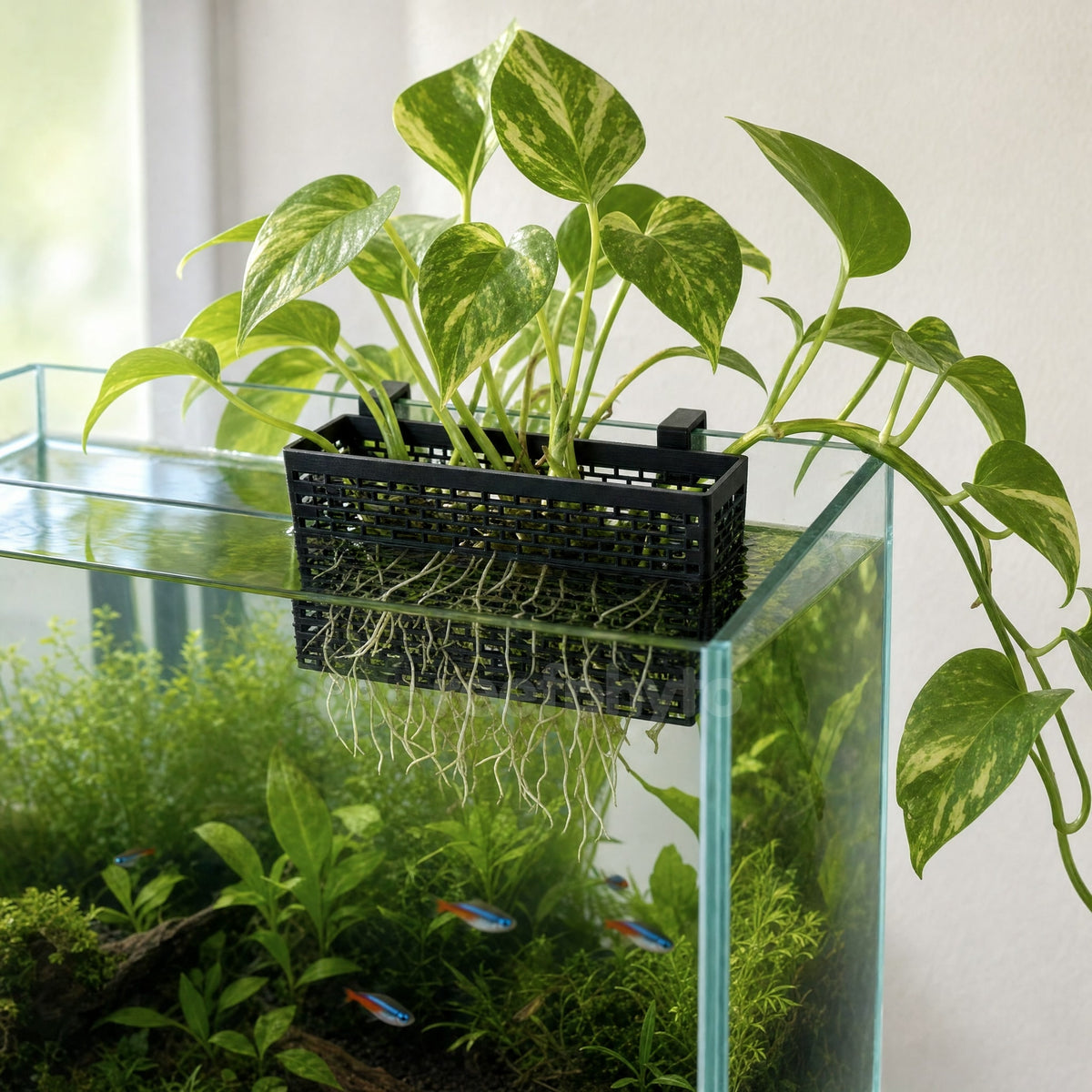 Pothos growing in a Reefphyto Aquarium Plant Holder on a planted tank, roots in the water