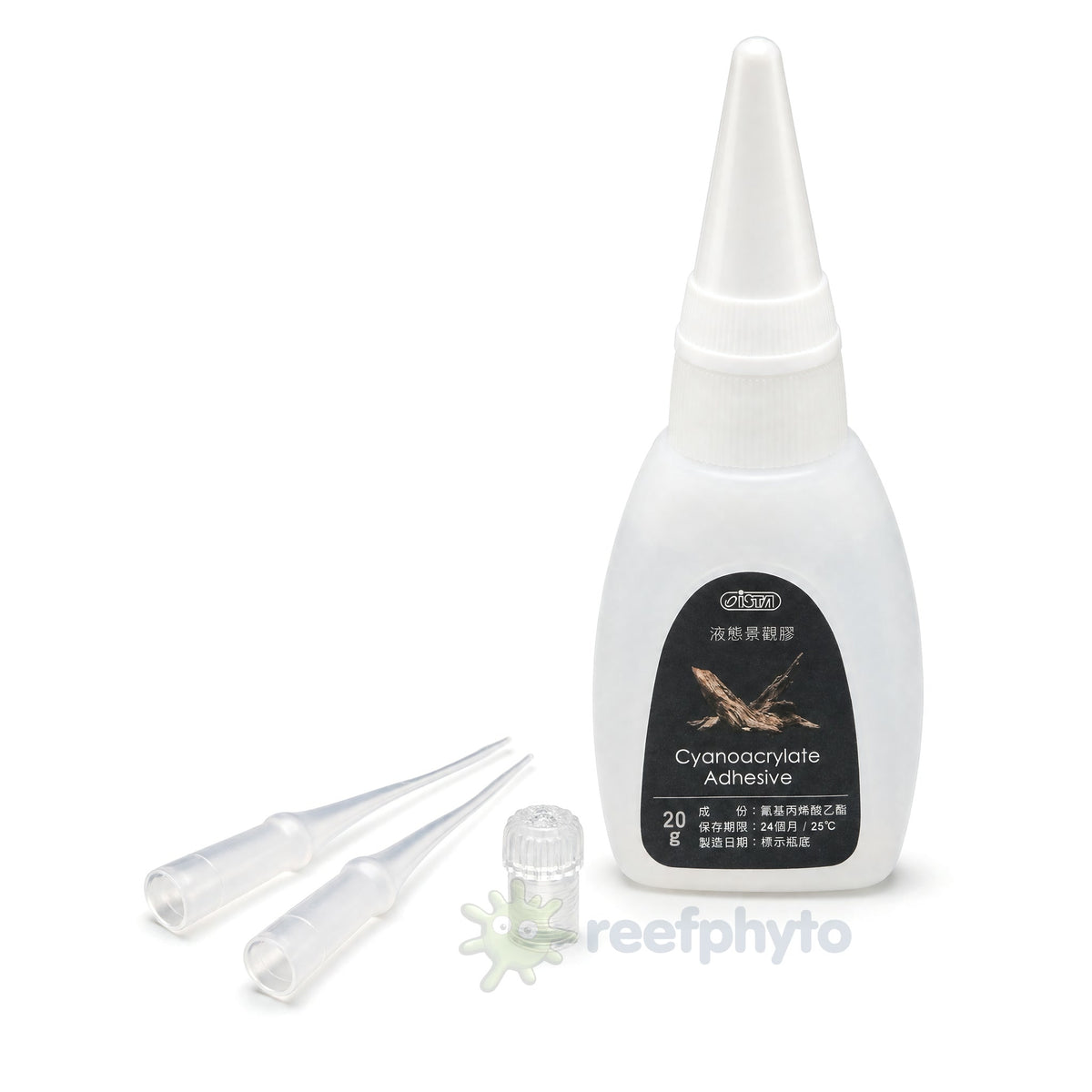 ISTA Cyanoacrylate Adhesive 20g bottle with its two extender nozzles and cap laid in front
