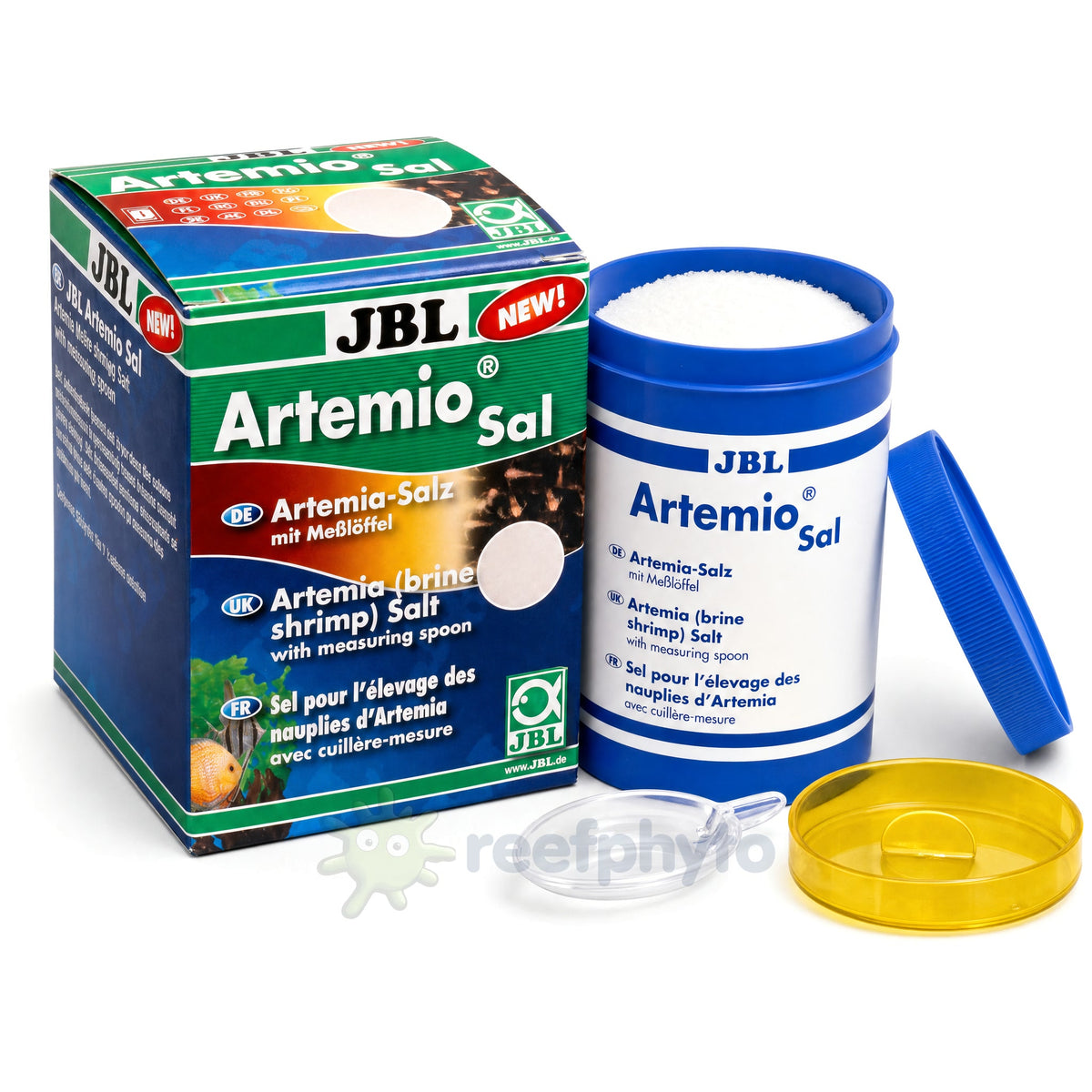 JBL ArtemioSal 230g brine shrimp hatching salt with box, pot, measuring spoon and dish on white