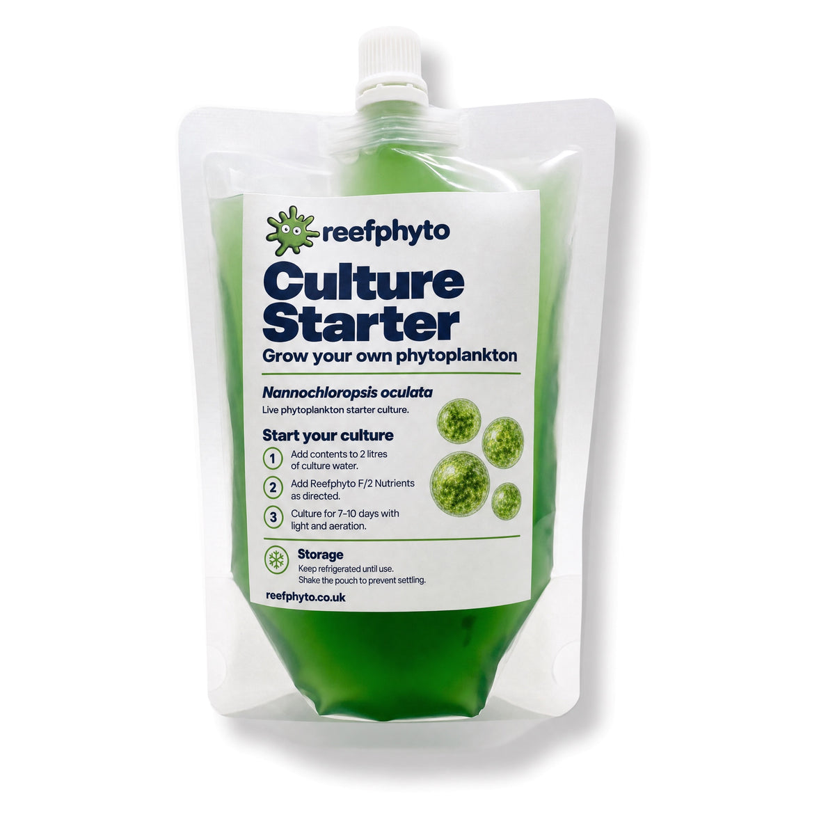Reefphyto Culture Starter, live Nannochloropsis oculata phytoplankton starter culture in a spouted pouch