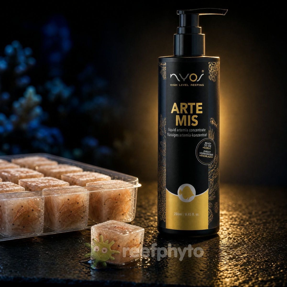 Nyos Artemis liquid brine shrimp food 250ml beside a tray of frozen brine shrimp cubes