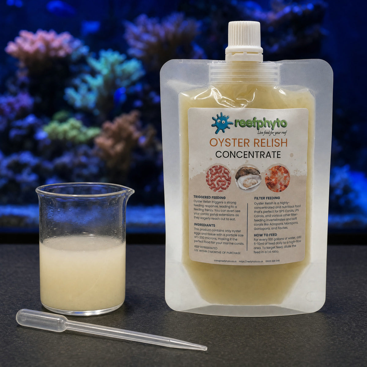 Reefphyto Oyster Relish Concentrate diluted in a beaker with a pipette, ready to target feed corals