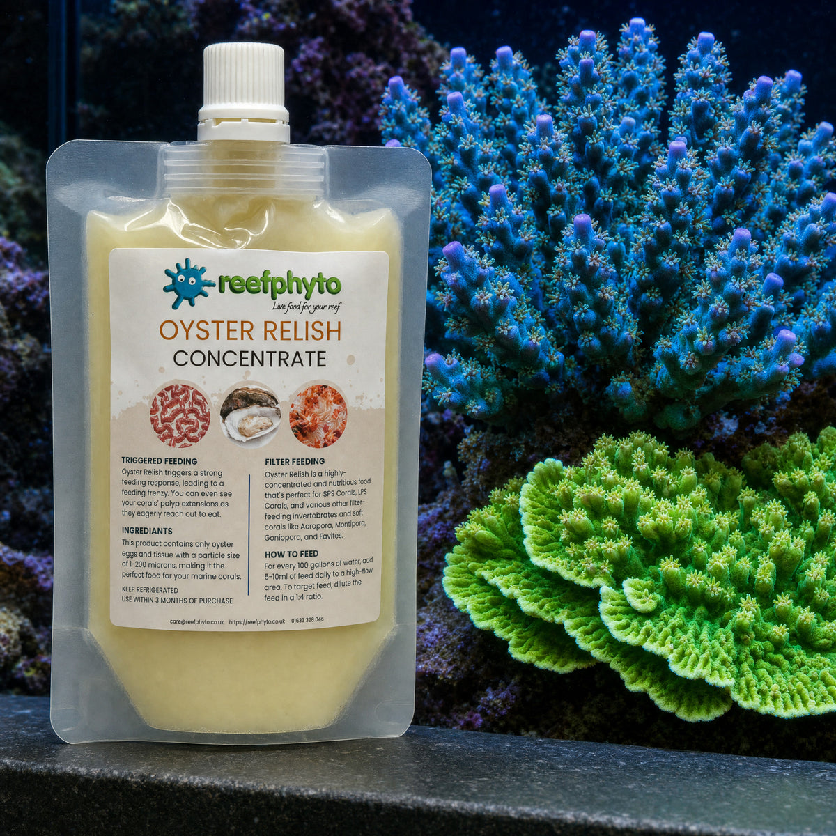 Reefphyto Oyster Relish Concentrate pouch beside blue Acropora and green Montipora SPS corals