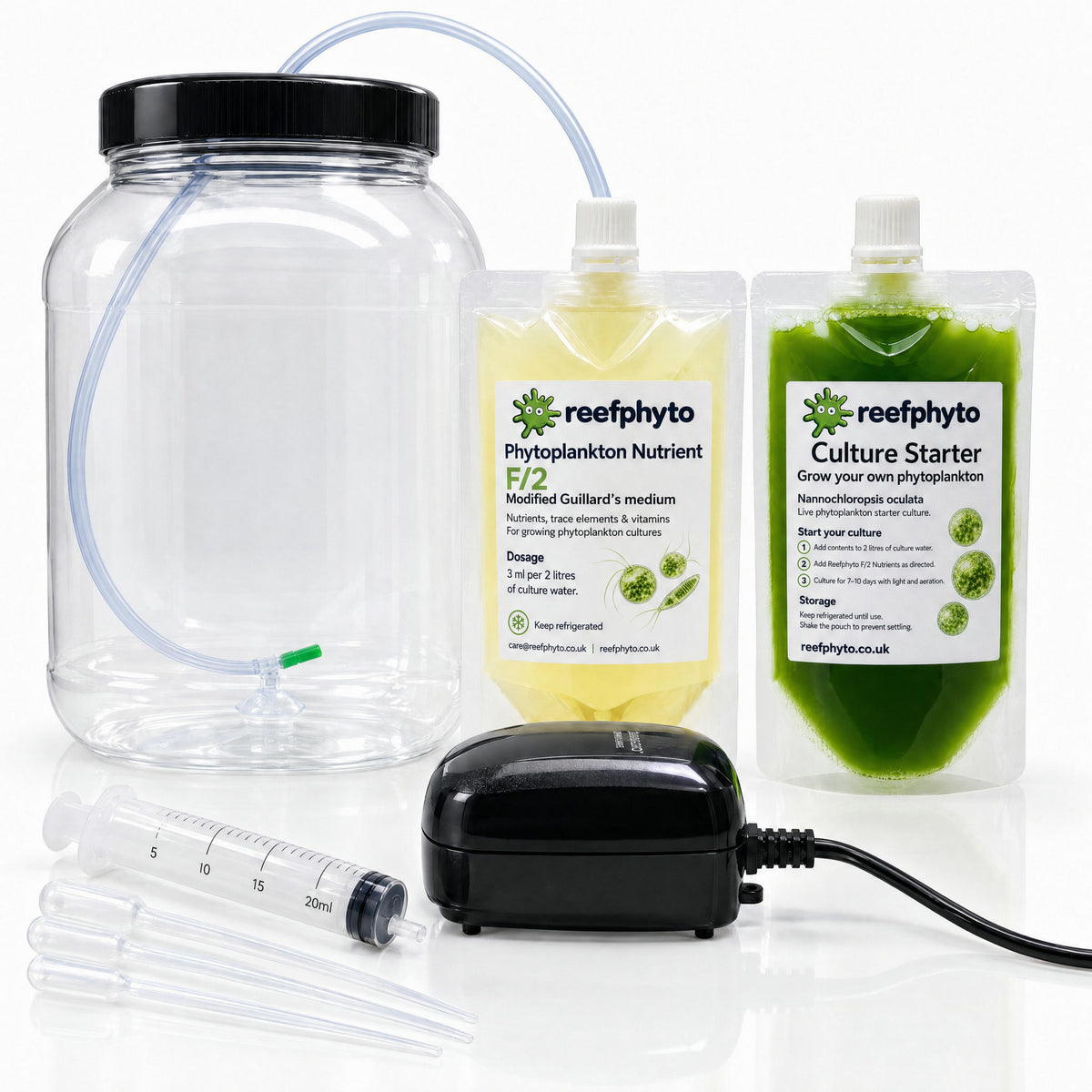 Reefphyto Phytoplankton Culture Kit with Nannochloropsis oculata Culture Starter, F/2 nutrient, 3 litre jar and air pump