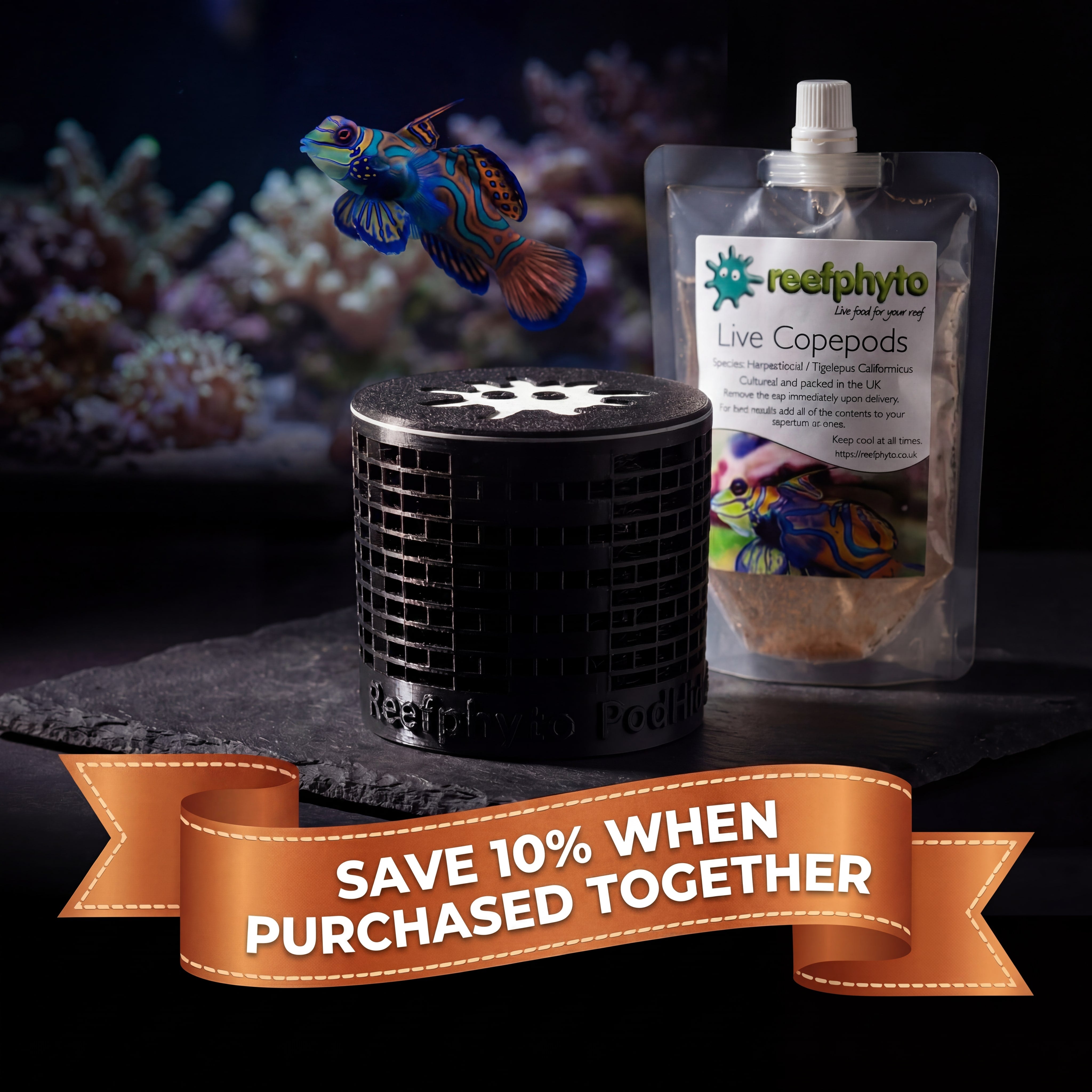 Reefphyto PodHide copepod refuge with Live Copepods pouch combo bundle, save 10% when purchased together for establishing copepods in a reef tank.