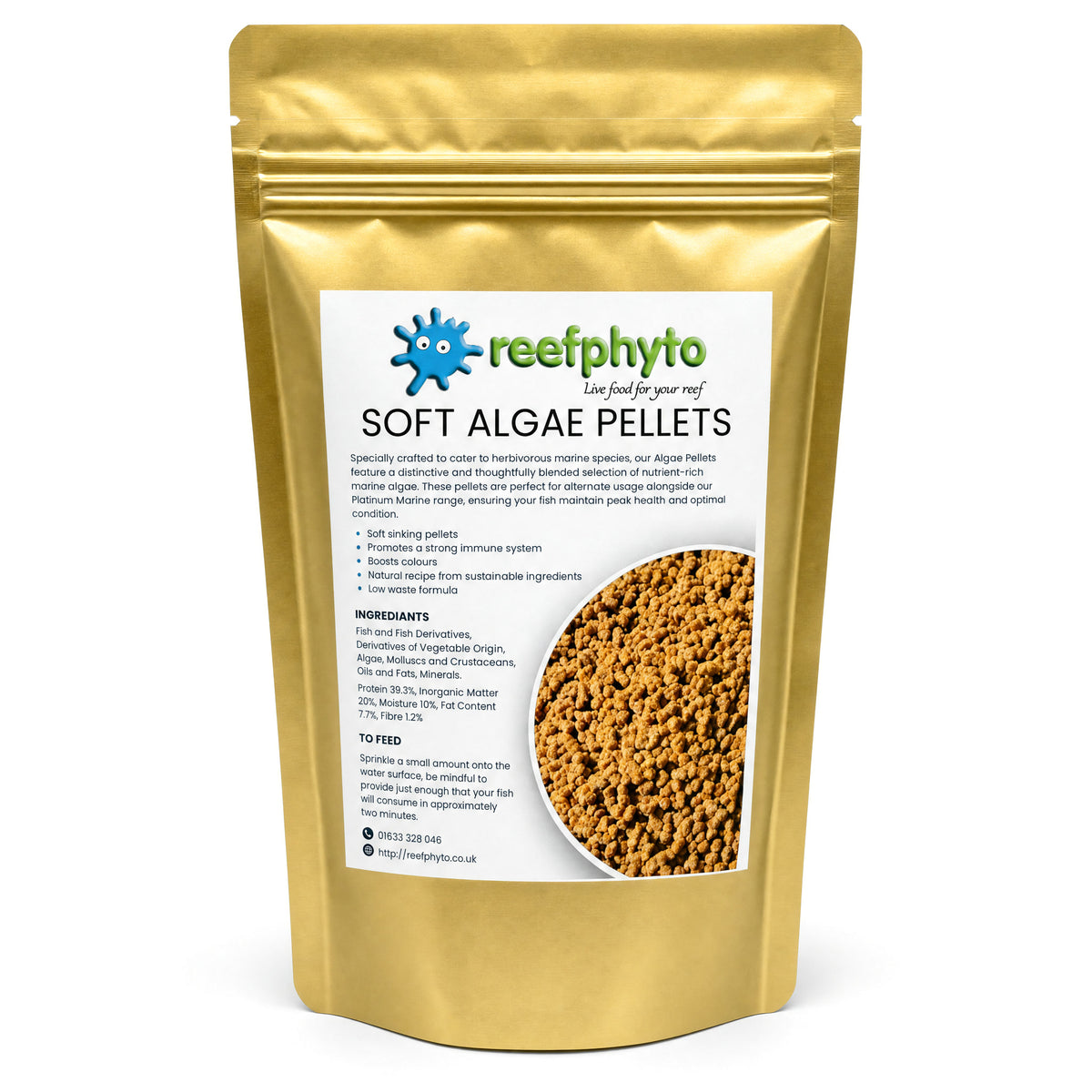 Reefphyto Premium Soft Algae Pellets gold pouch, marine herbivore food for tangs and angelfish