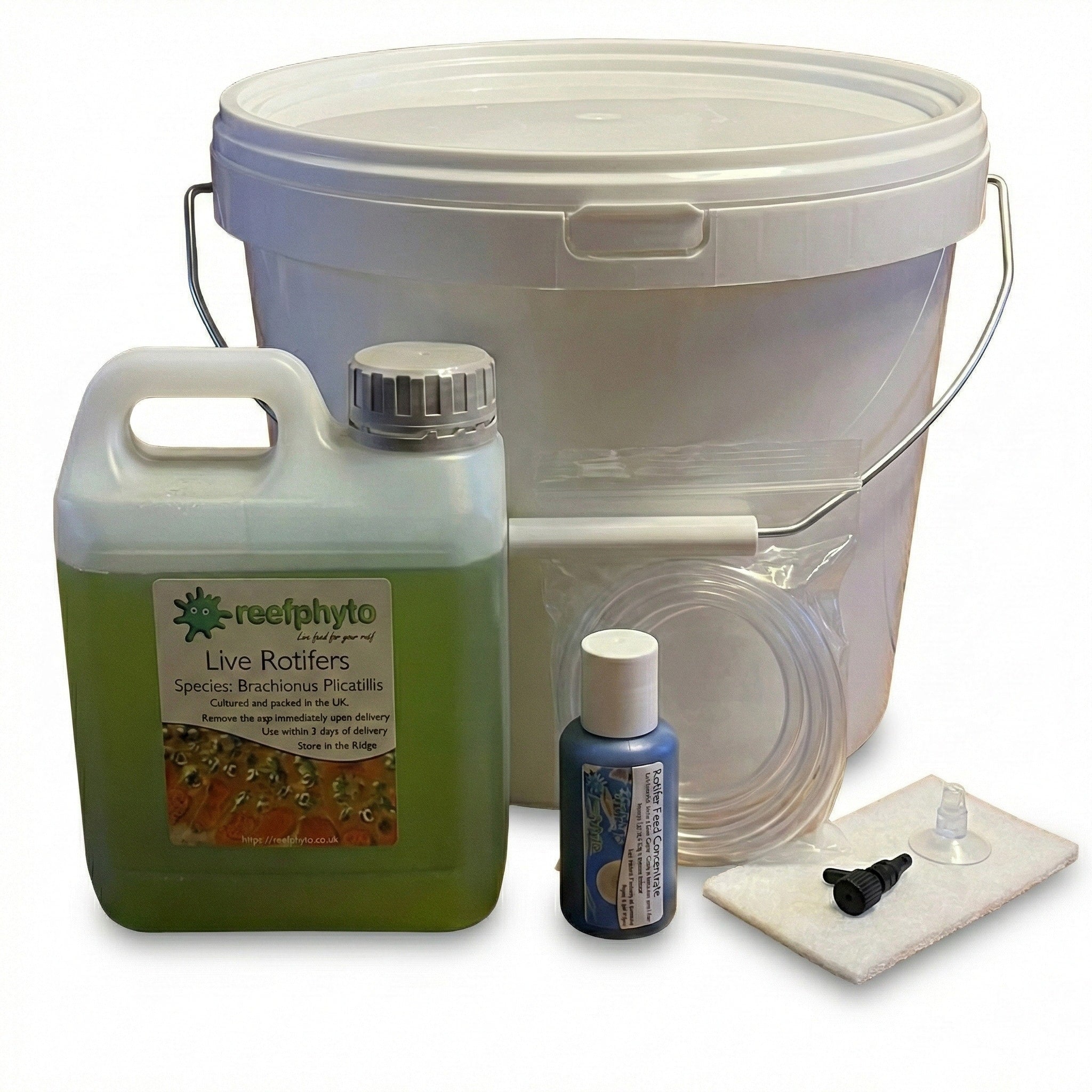 Reefphyto Rotifer Culture Kit contents including culture vessel, rotifer feed, live rotifers, and airline tubing