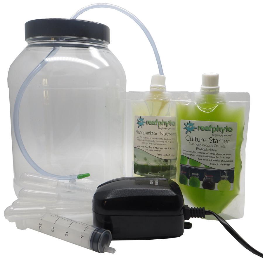 Reefphyto Phytoplankton Culture Kit contents including culture vessel, f/2 nutrient, and Nannochloropsis oculata starter culture