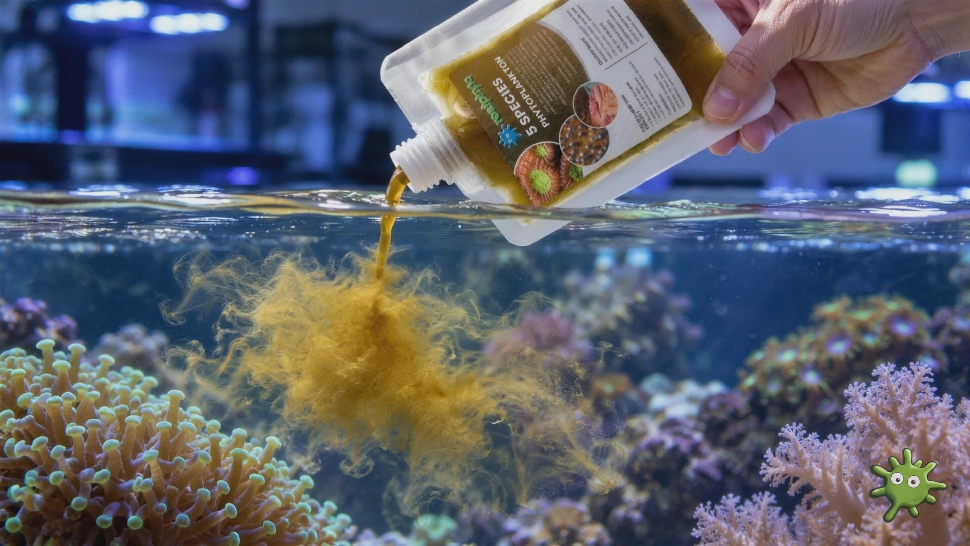Reefphyto 5 Species Phytoplankton being dosed into a reef tank, the live culture blooming through the water