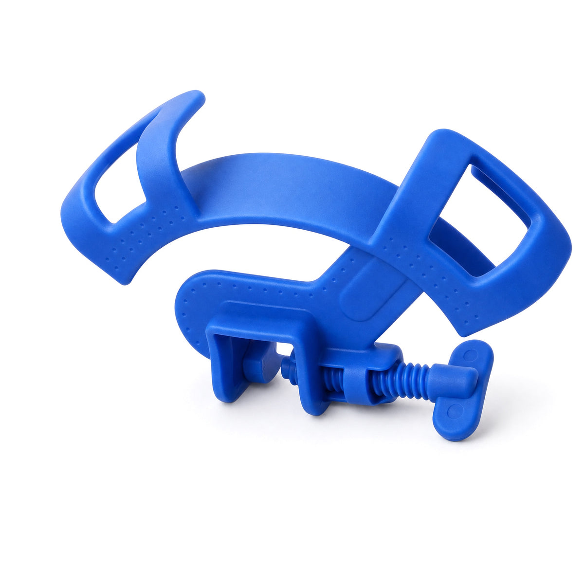 Reefphyto blue aquarium hose holder clamp with curved cradle and thumbscrew on a white background