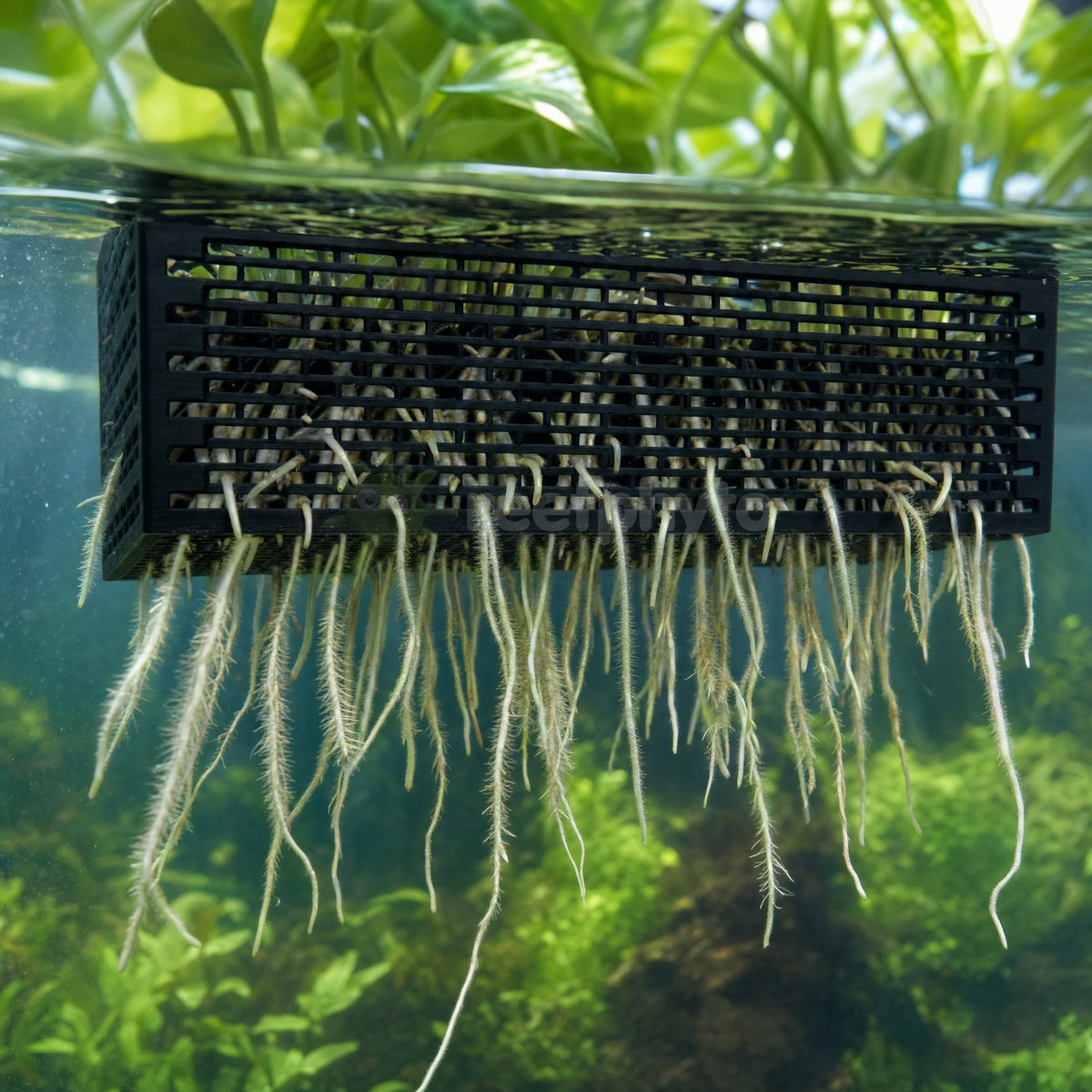 Plant roots growing through the slots of a Reefphyto Aquarium Plant Holder into the water