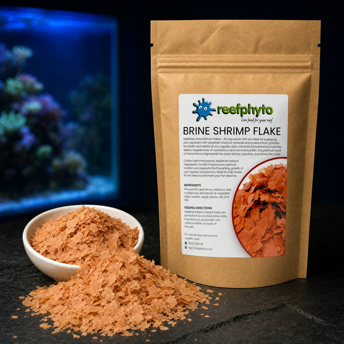 Reefphyto Brine Shrimp Flake heaped in a white dish beside the kraft pouch