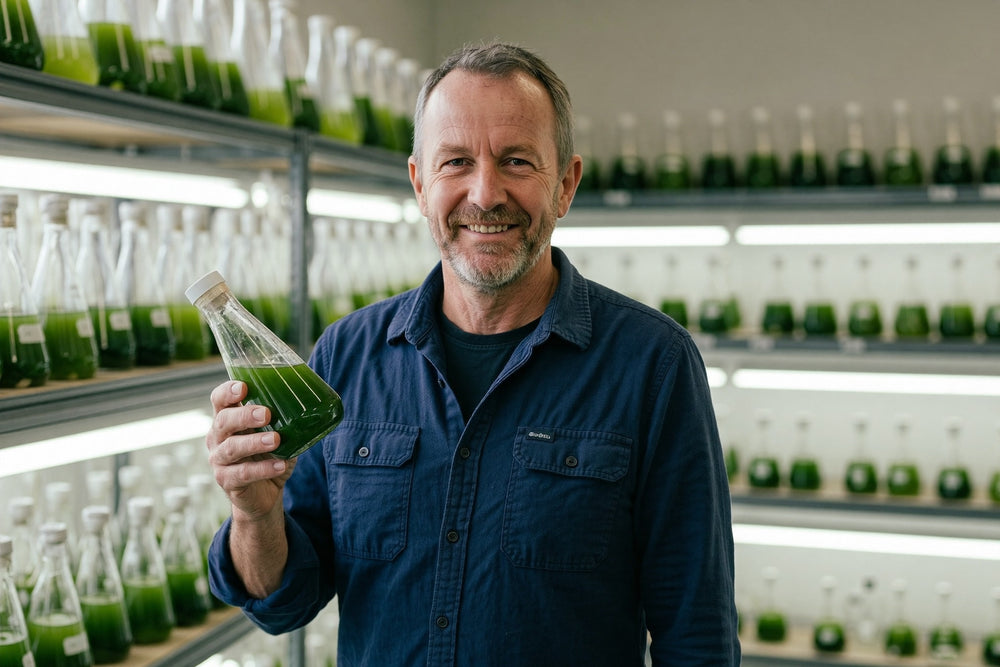 Darren in the Reefphyto phytoplankton culture facility in Wales, holding a flask of live culture beside shelves of marine microalgae.