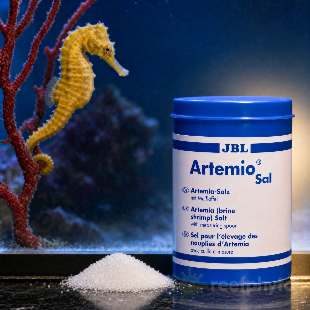 JBL ArtemioSal pot and a pile of hatching salt in front of a seahorse aquarium