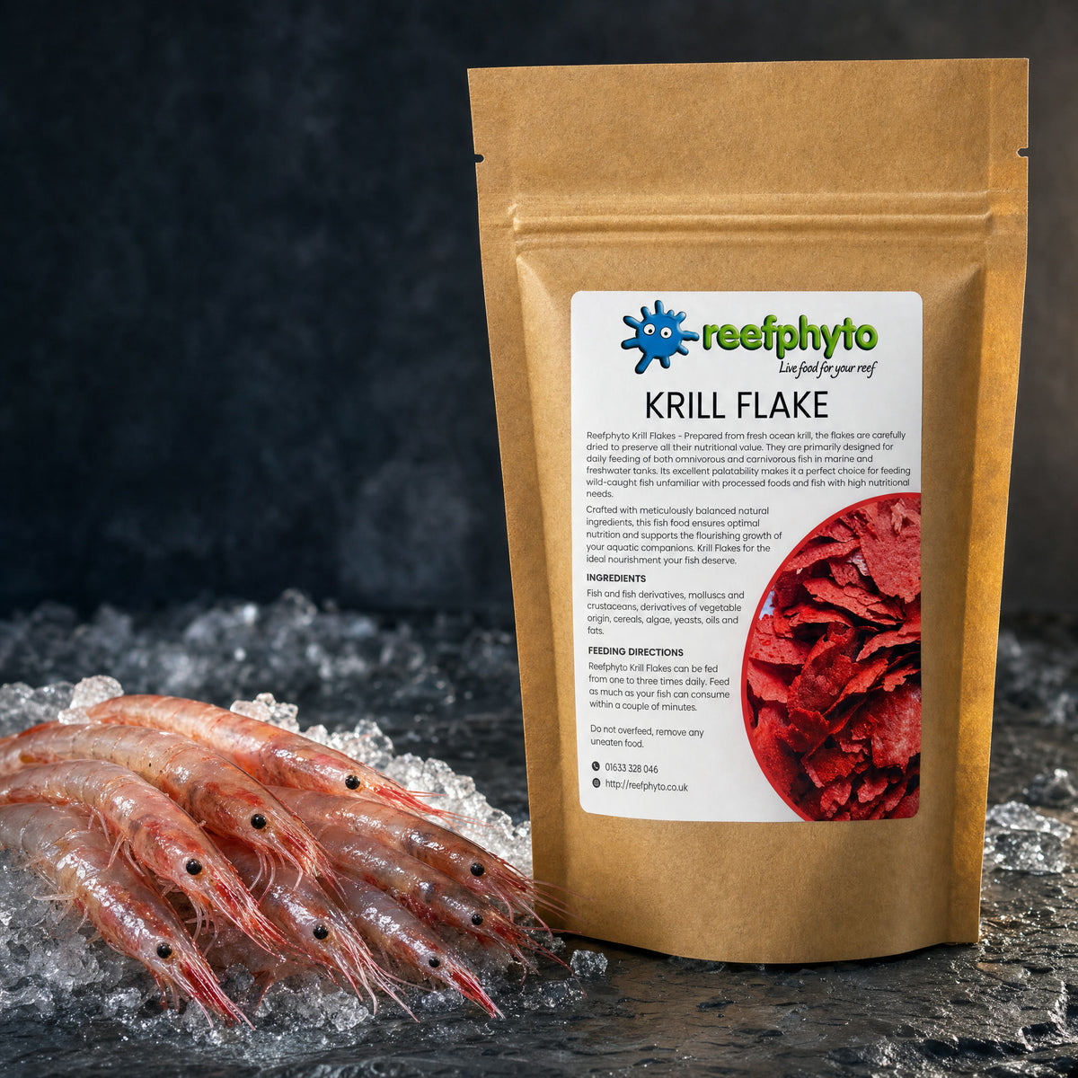 Reefphyto Krill Flake pouch beside whole krill on ice