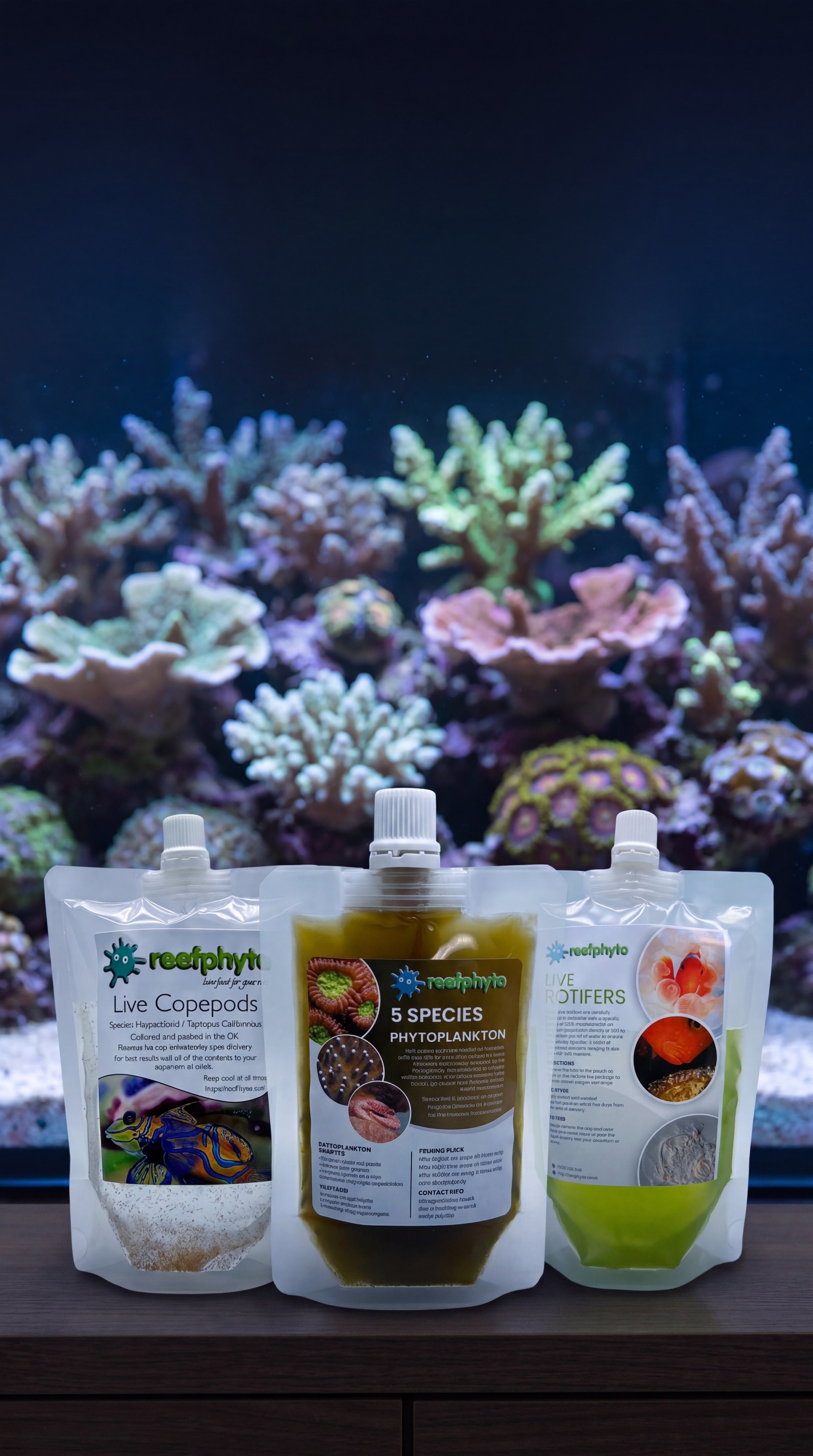 Reefphyto live copepods, phytoplankton and rotifers in front of a reef aquarium, fresh marine food cultured in Wales.