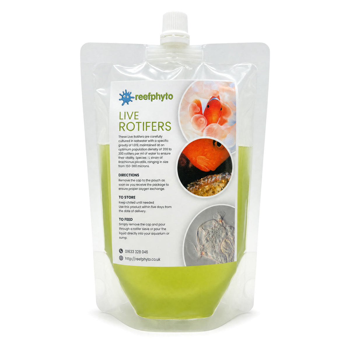 Reefphyto Live Rotifers pouch, Brachionus plicatilis L-strain culture in pale green phytoplankton water