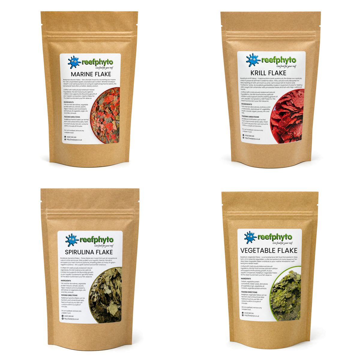 Reefphyto Marine Flake Pack 4 x 45g: Marine, Krill, Spirulina and Vegetable flake pouches