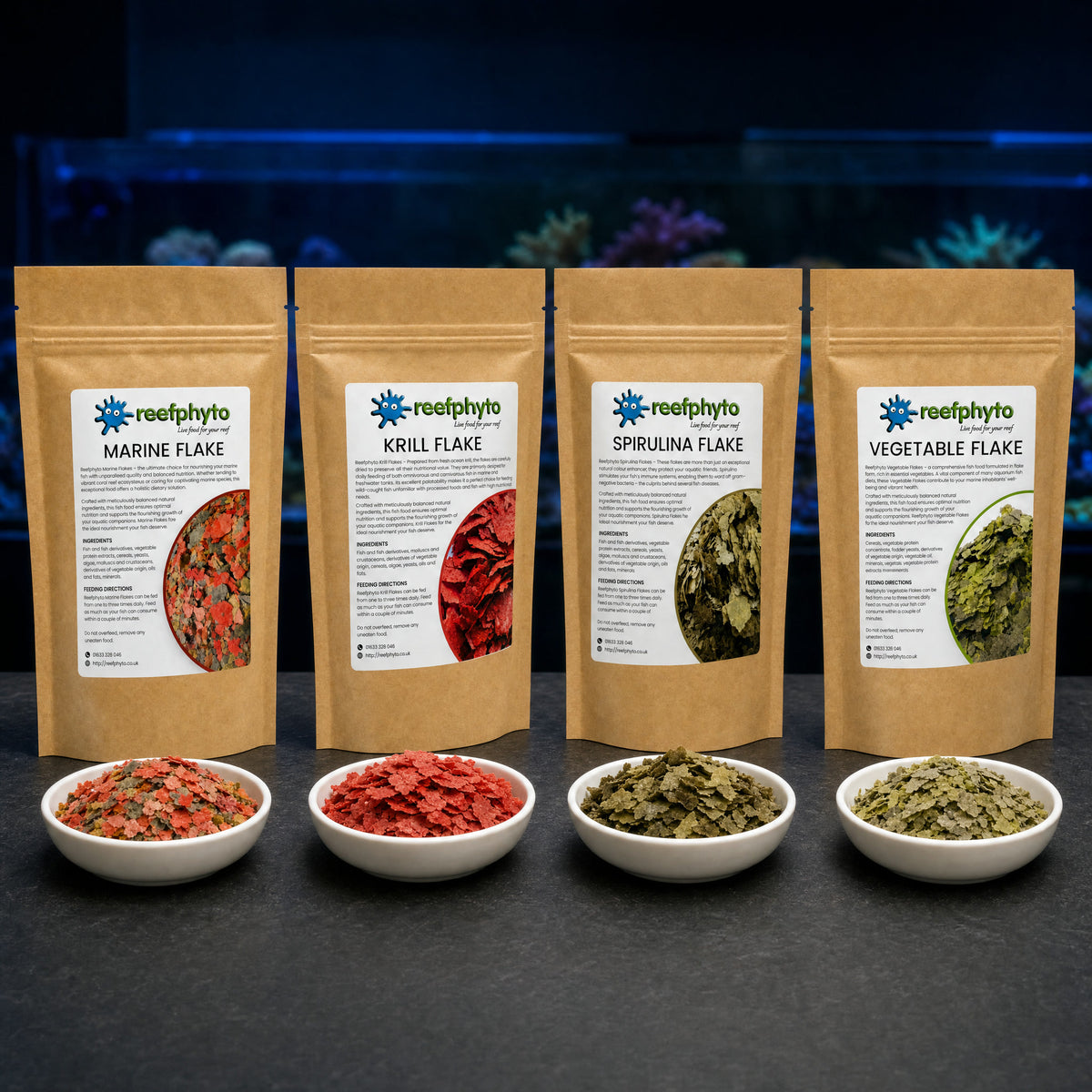 Reefphyto Marine Flake Pack: four flake pouches each with a dish of its flakes in front