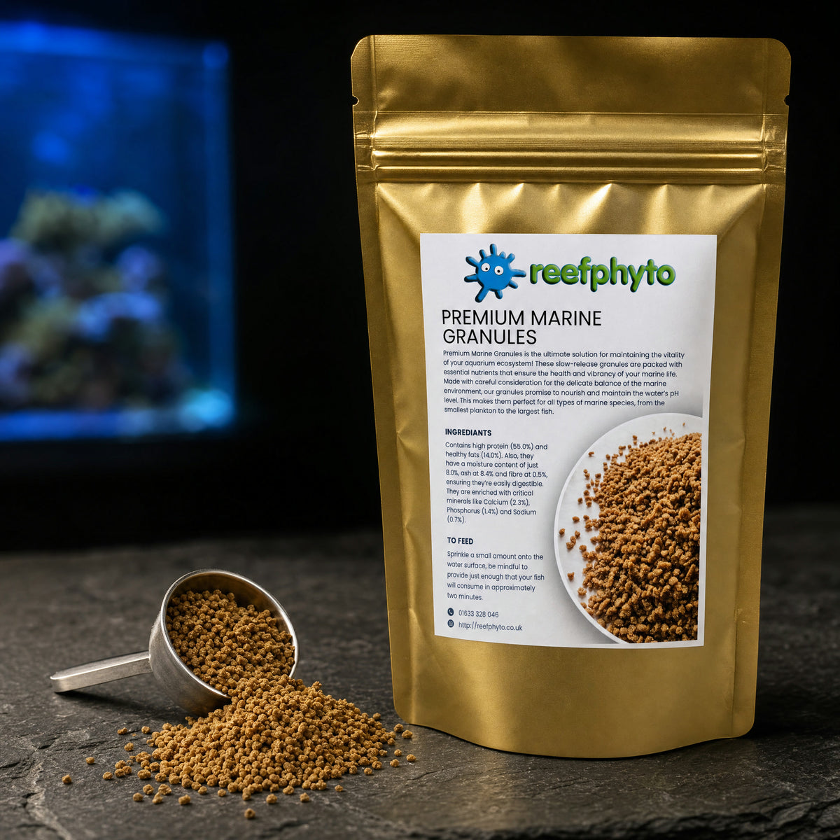 Reefphyto Premium Marine Granules spilling from a measuring spoon beside the gold pouch
