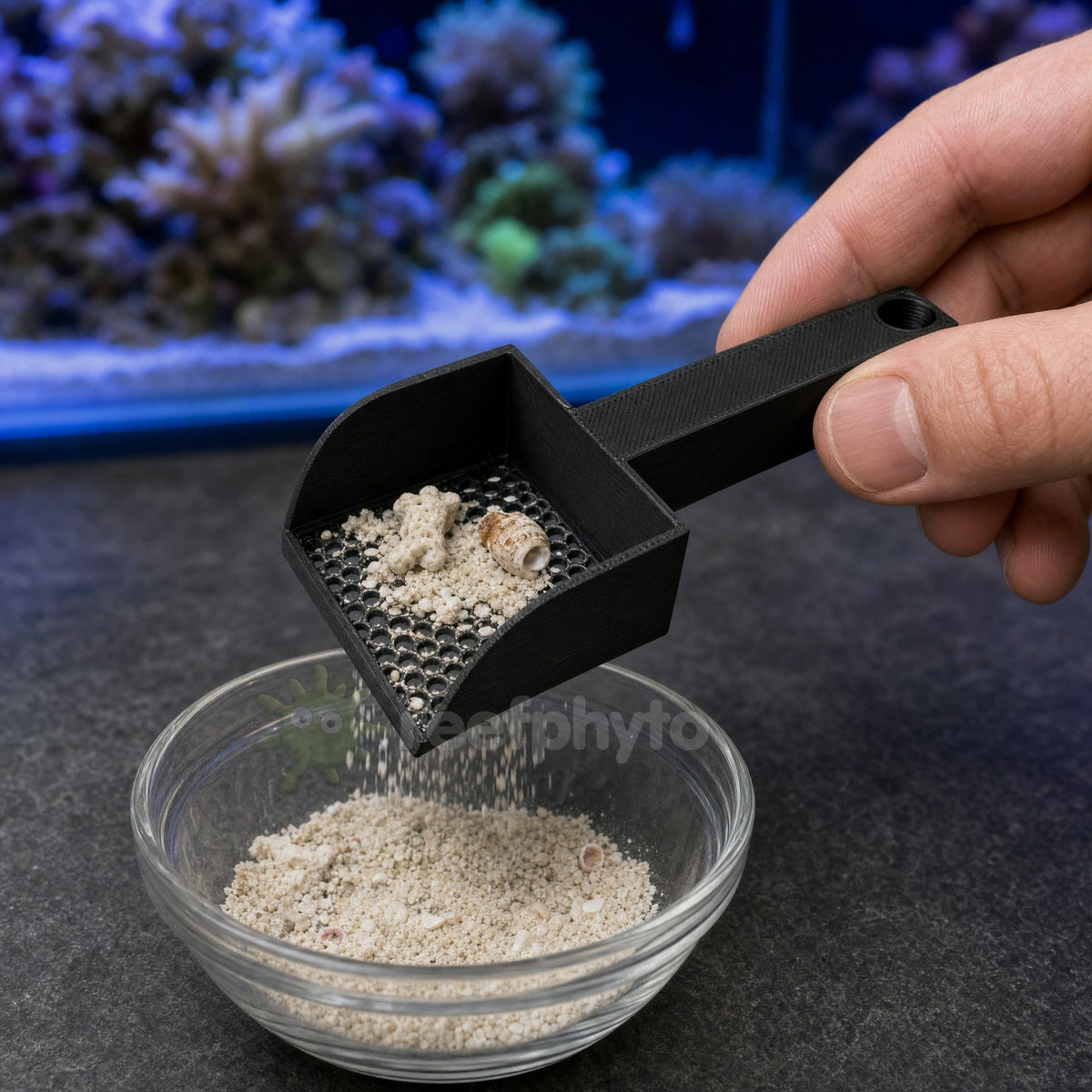 Reefphyto Mini Sand Sieve sifting reef sand into a bowl, shell and rubble left in the scoop