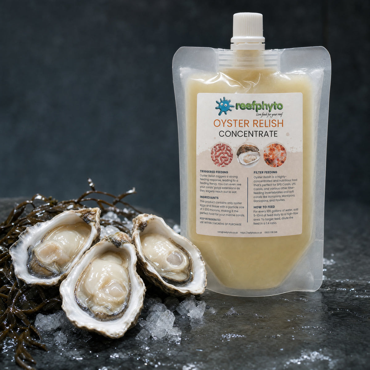 Reefphyto Oyster Relish Concentrate pouch beside fresh oysters on ice and seaweed