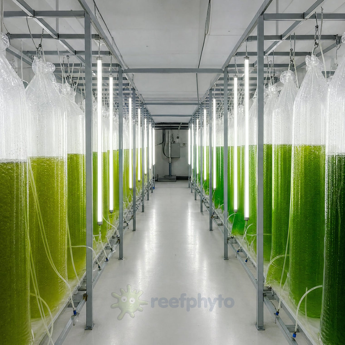 Rows of phytoplankton bag cultures growing under lights, from pale to deep green