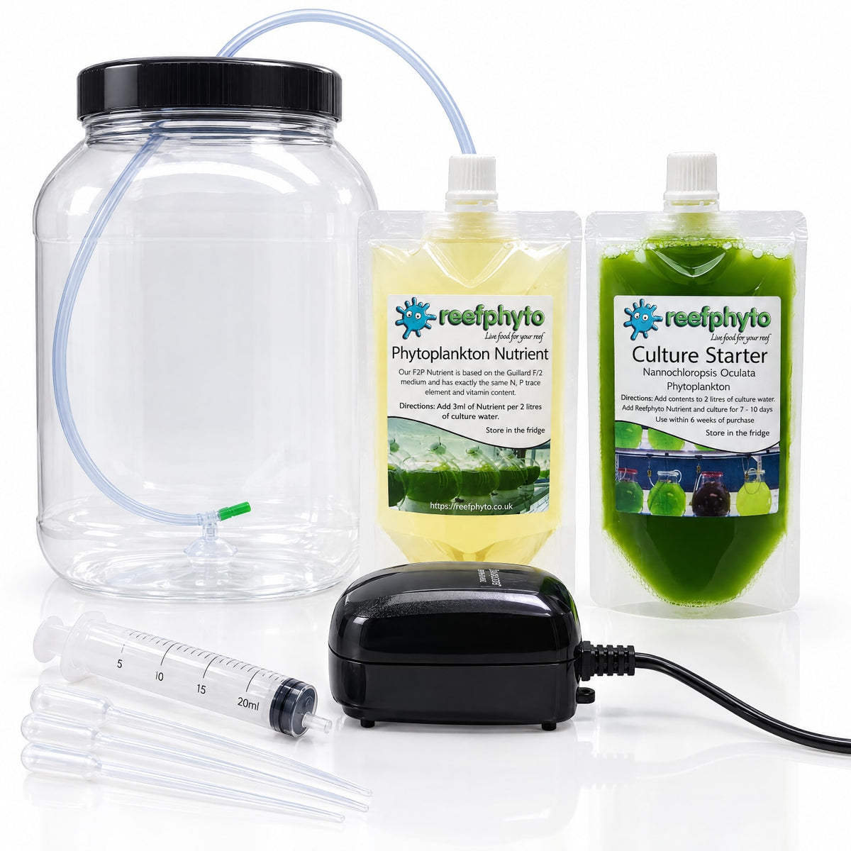 Reefphyto Phytoplankton Culture Kit with Nannochloropsis oculata starter, f/2 nutrient, 4 litre jar and air pump