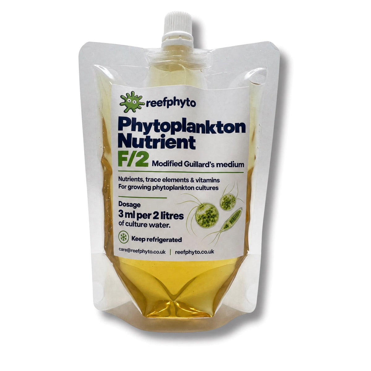 Reefphyto Phytoplankton Nutrient F/2 Modified Guillard's medium in a clear spouted pouch