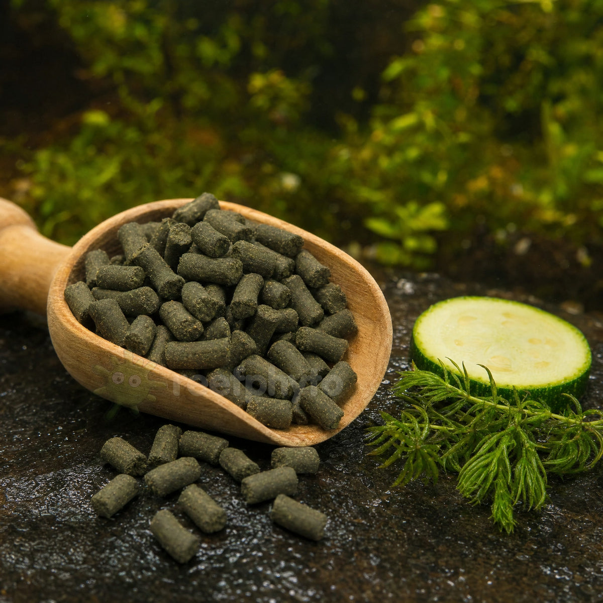 Scoop of high vegetable content Plec Pellets for plecos, catfish and loaches