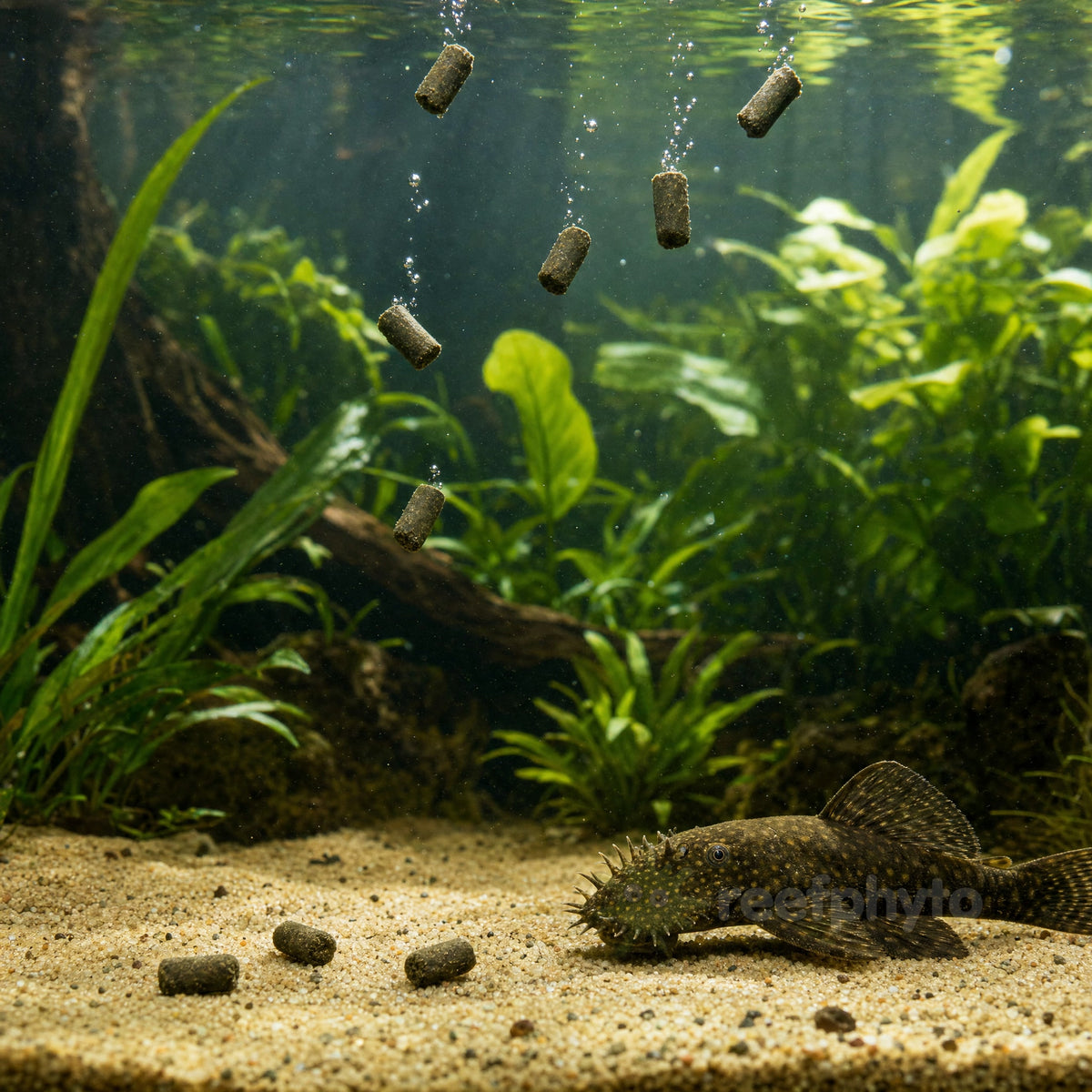 Plec Pellets sinking to the substrate in a planted tank with a pleco waiting below