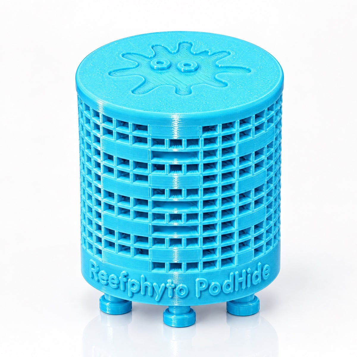 Reefphyto PodHide limited edition in all-blue sparkle PETG, 3D printed copepod shelter and breeding station for reef tanks