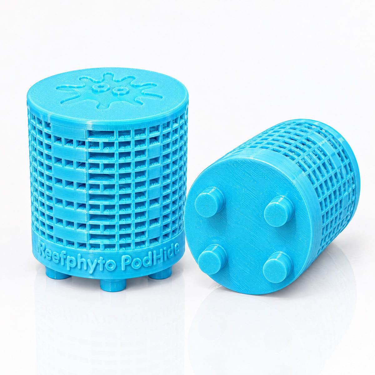 Blue limited edition Reefphyto PodHide showing the lid mascot and the four stability feet underneath
