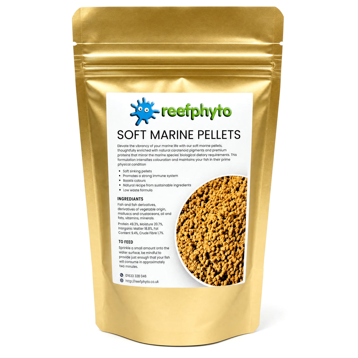 Reefphyto Soft Marine Pellets gold pouch, soft sinking pellets for marine fish