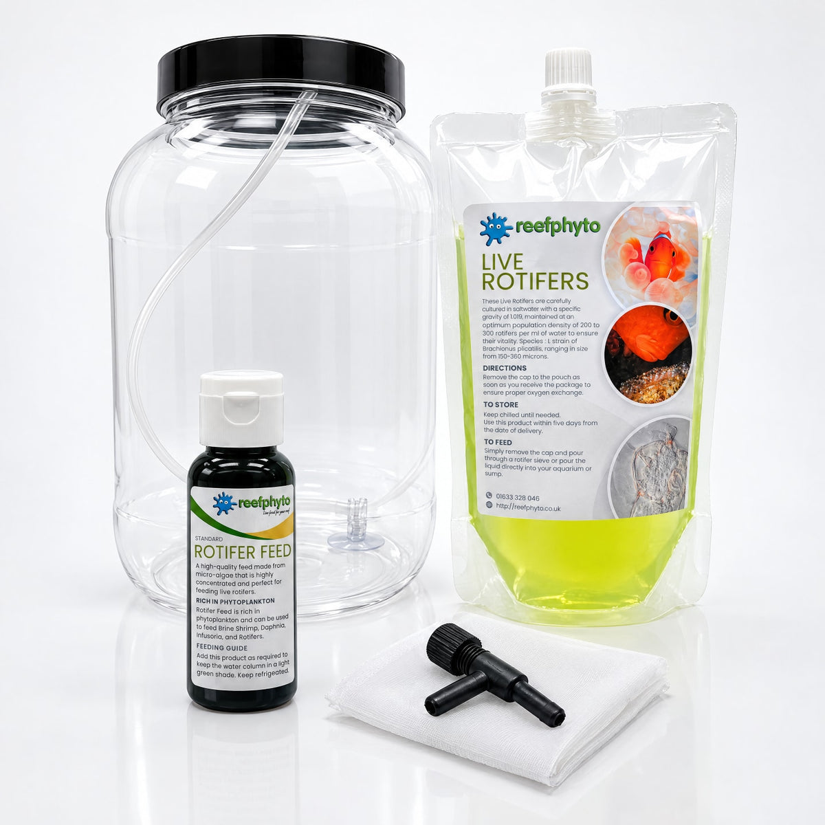 Reefphyto Rotifer Culture Kit with live Brachionus plicatilis rotifers, rotifer feed, 4 litre jar, air valve and mesh