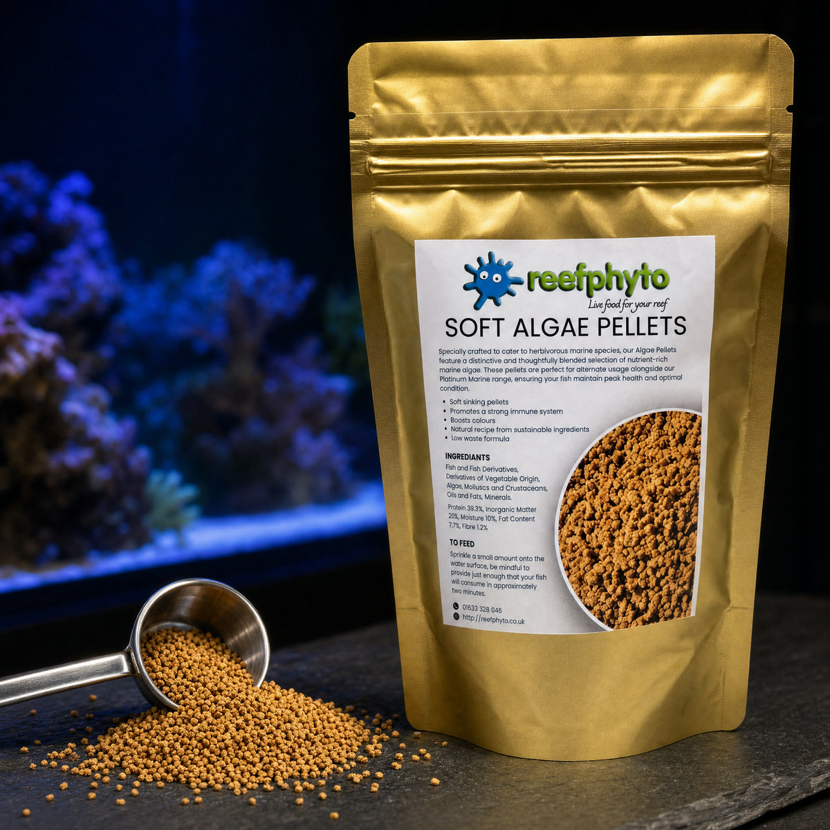Reefphyto Soft Algae Pellets spilling from a measuring spoon beside the gold pouch