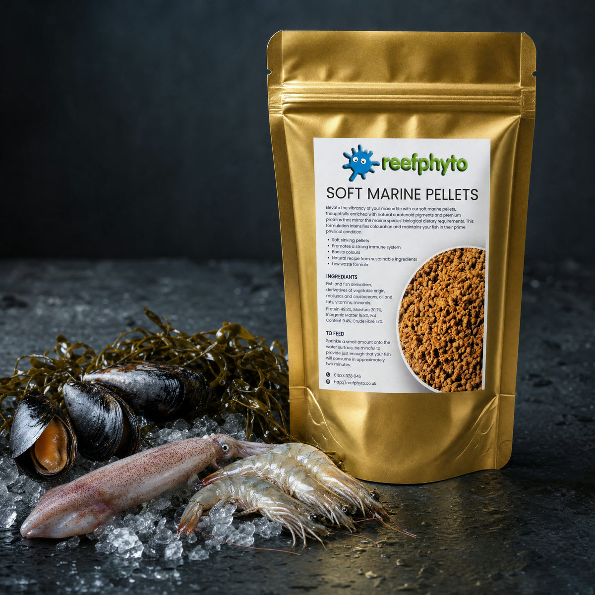 Reefphyto Soft Marine Pellets pouch beside fresh mussels, squid and shrimp on ice