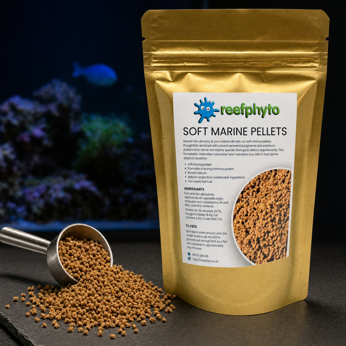 Reefphyto Soft Marine Pellets spilling from a measuring spoon beside the gold pouch