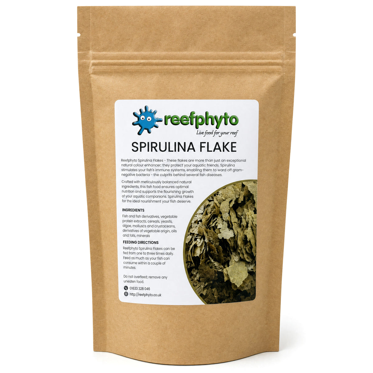 Reefphyto Spirulina Flake 45g kraft pouch, high-protein spirulina food for marine and tropical fish