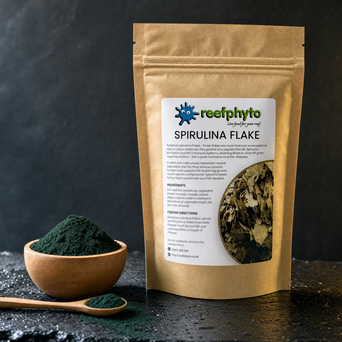 Reefphyto Spirulina Flake pouch beside a wooden bowl of blue-green spirulina powder
